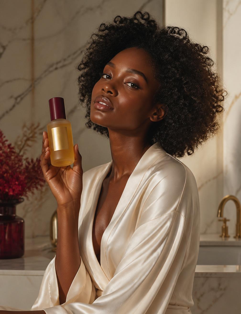Woman in cream silk holding a frosted glass D'LAI body oil