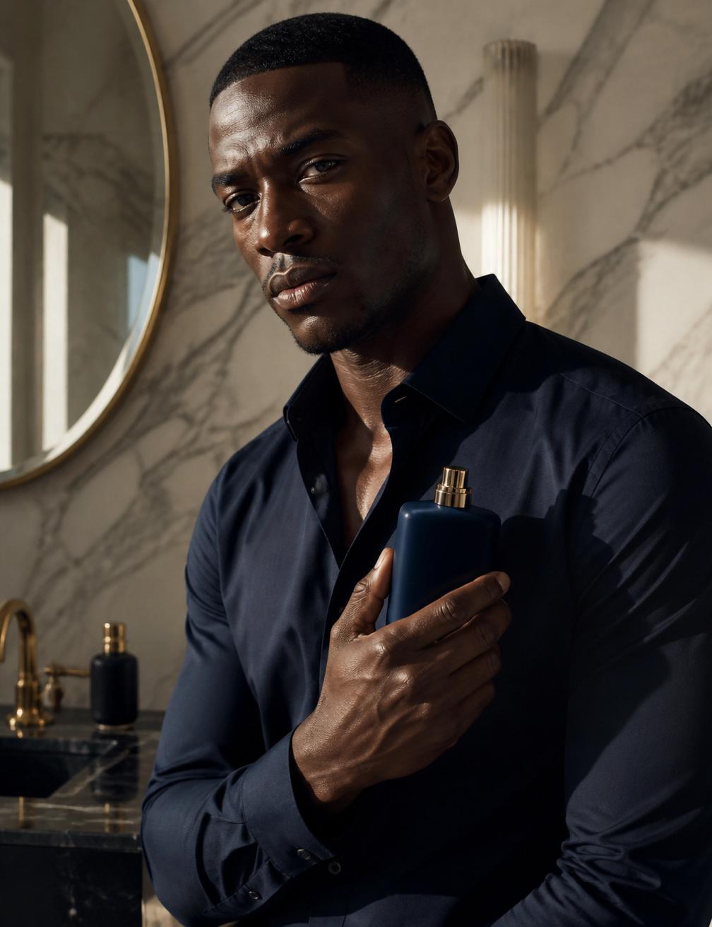 Man in a navy shirt holding a matte navy D'LAI cologne in a marble bathroom