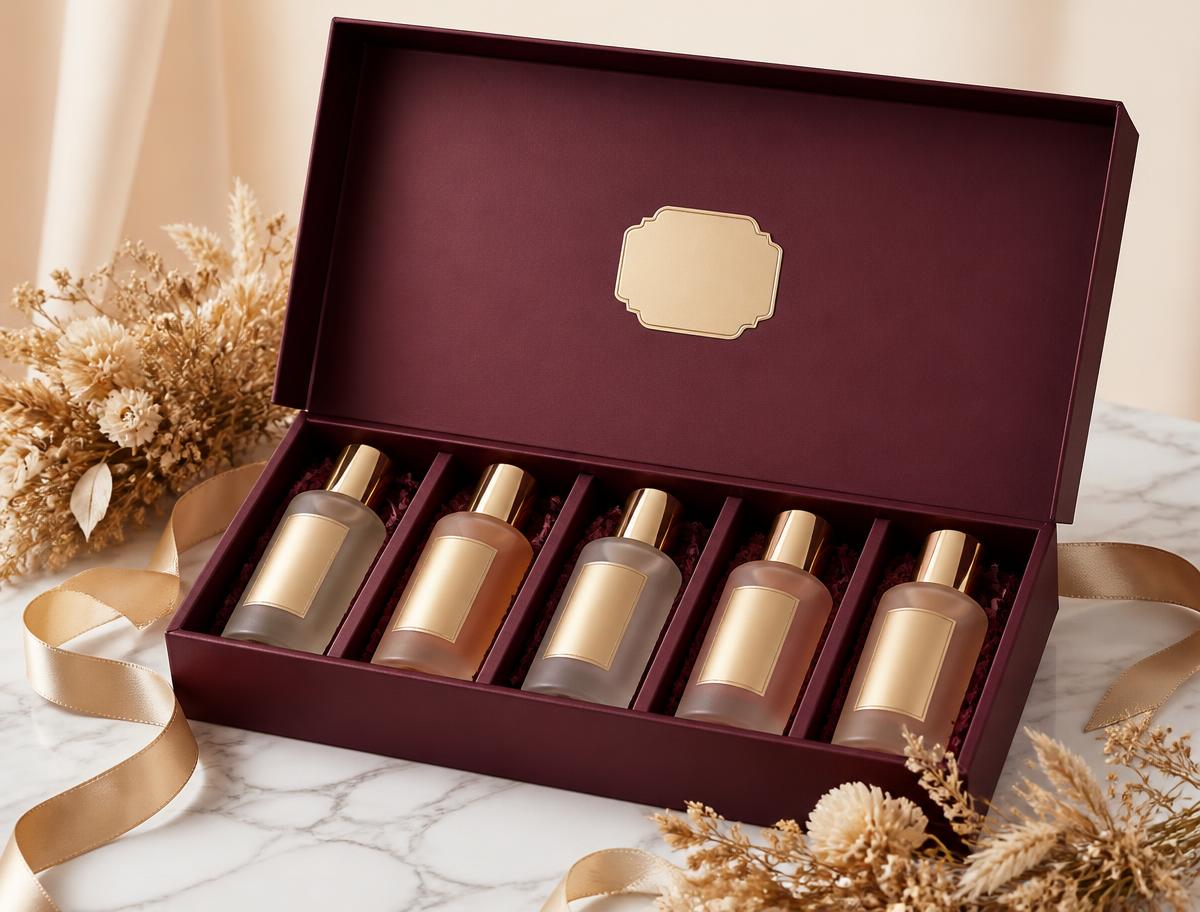 Open burgundy gift box with five D'LAI women's products and satin ribbon