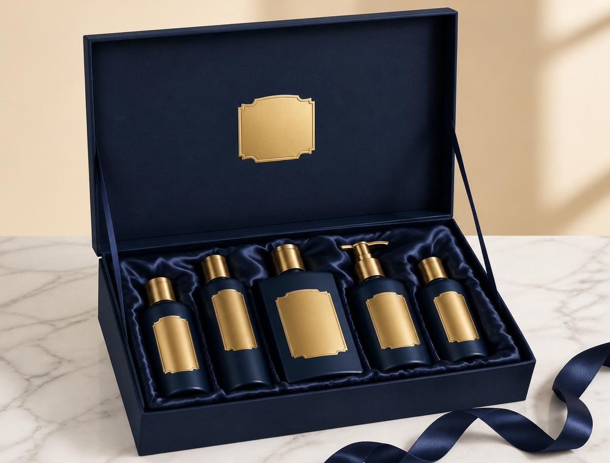 Open navy rigid gift box with five D'LAI men's products on silk lining
