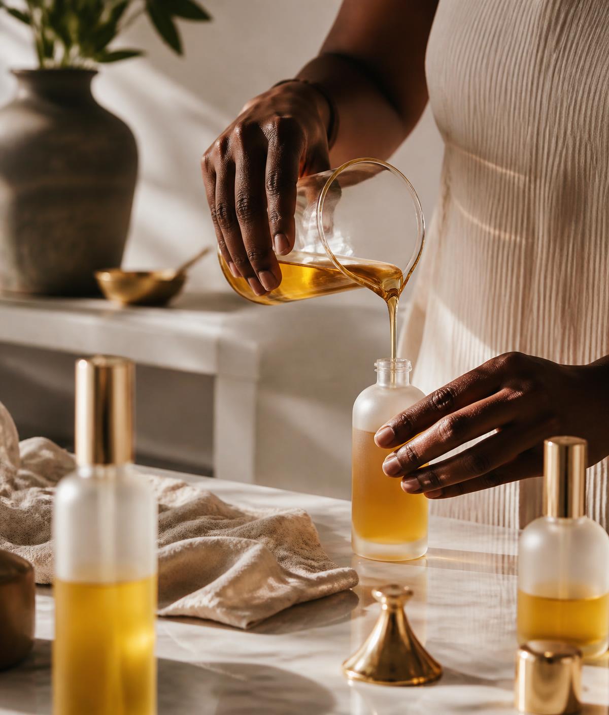 Hands decanting golden botanical oil into a frosted glass bottle in a sunlit atelier